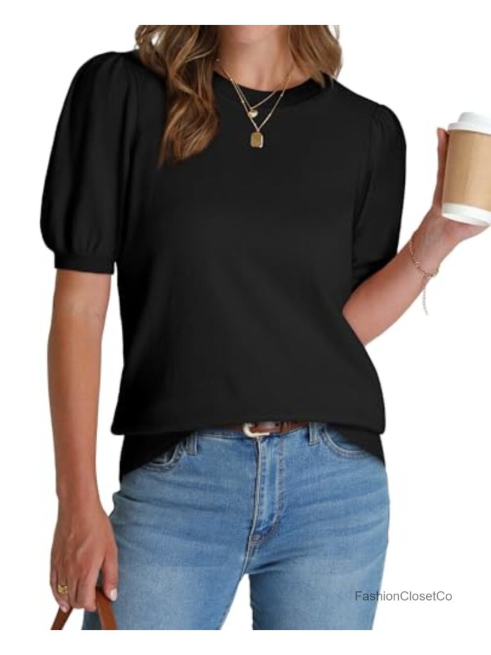 Women's Puff Short Sleeve Sweater Business Casual Crew Neck Pullover
